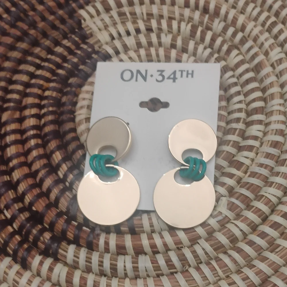 ON 34th Gold-Tone Disc & Blue-Green Color Ring Drop Earrings NWT